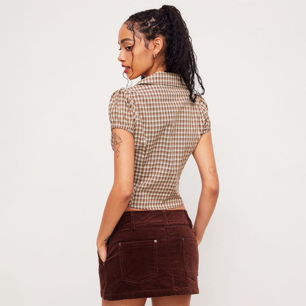 Plaid Shirt Summer Retro Coffee Color Pleated Sexy Stringy Selvedge Lace up Peter Pan Collar Shirt