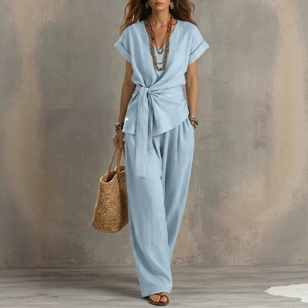 Lace up Waist V neck Top Solid Color Casual Pants Two Piece Sets