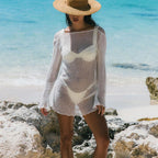 Summer Knitted Sexy Big Backless Beach Holiday Dress Long Sleeve Hollow Out Cutout out See through Women Clothing
