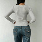 Women's Black White Striped Long Sleeve T Shirt V Neck Chest Kinked Lace Up Slim Fit Slimming Bottoming Top