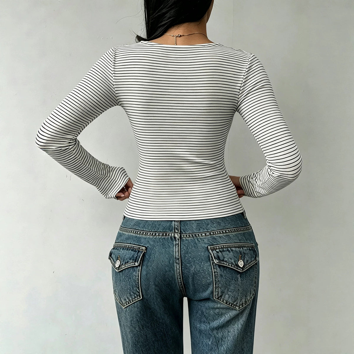 Women's Black White Striped Long Sleeve T Shirt V Neck Chest Kinked Lace Up Slim Fit Slimming Bottoming Top