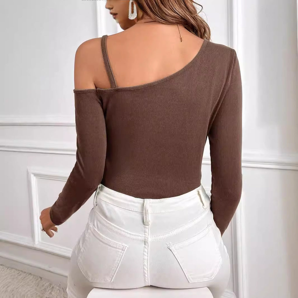 Women's Simple Elegant T shirt Spring Summer One Shoulder Cold Shoulder Unilateral Sling Scheming Tops