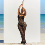 Black halter mesh bodycon maxi dress with cutout lattice pattern, open-back straps