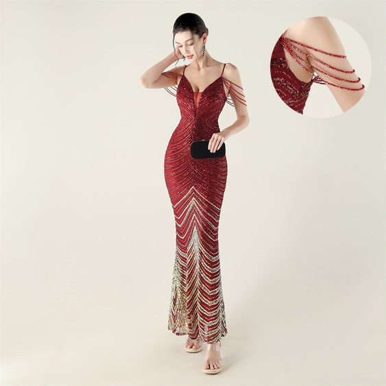 Women's Deep V Plunge Neck Wave Gradient Sequin Evening Dress