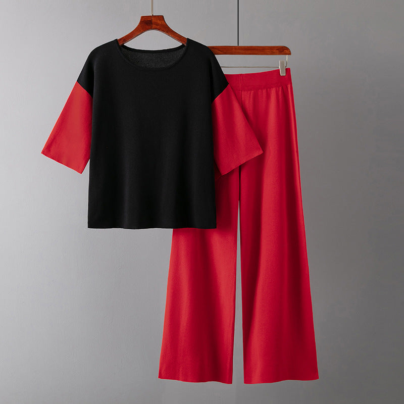 Suit Summer Loose Color Matching Top Casual High-Waisted Wide Leg Pants Two-Piece Set