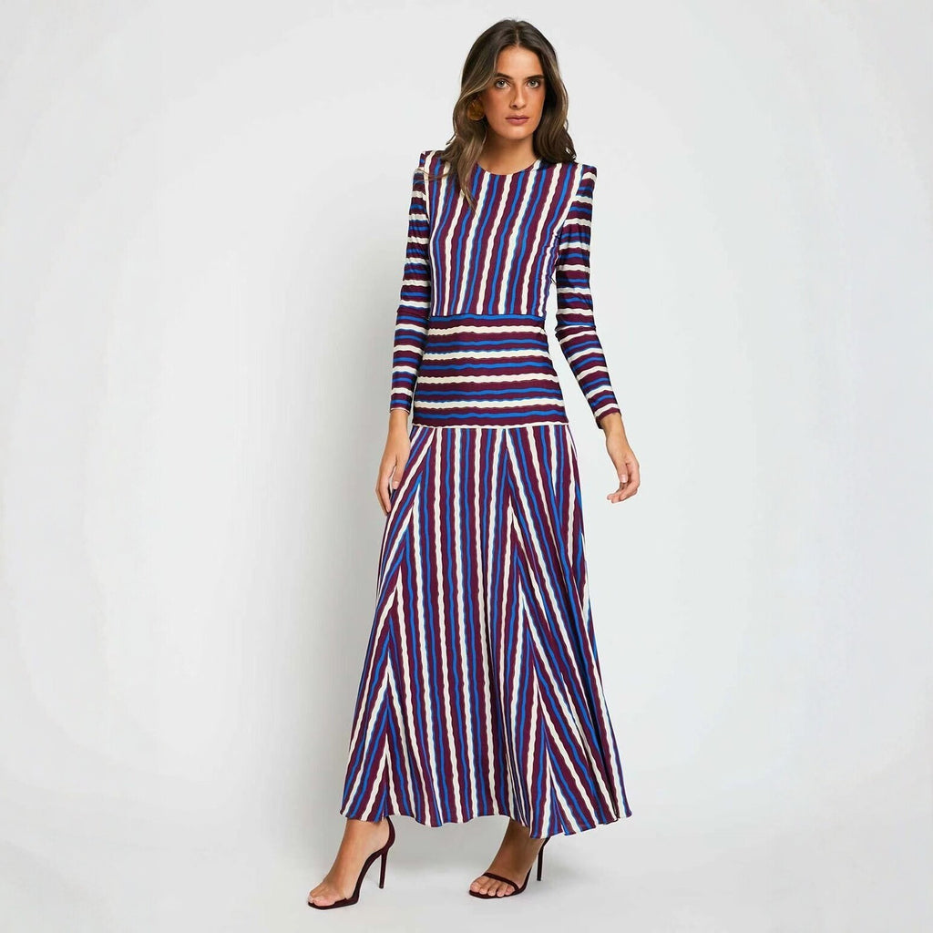 Striped Padded-Shoulder Maxi Dress