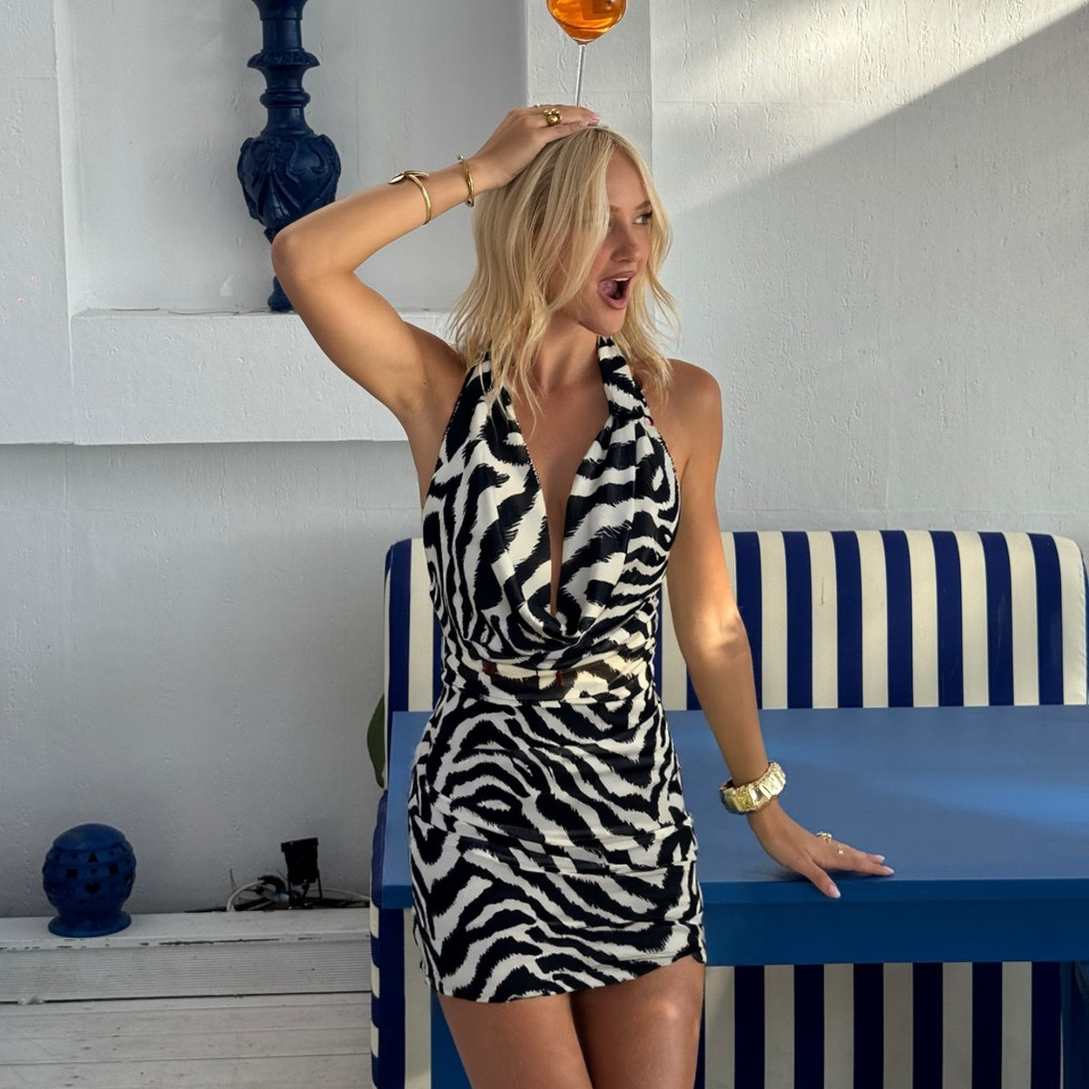 Halter Swing Collar Zebra Pattern Dress