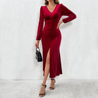 Women’s Velvet Deep-V Slit Bodycon Dress