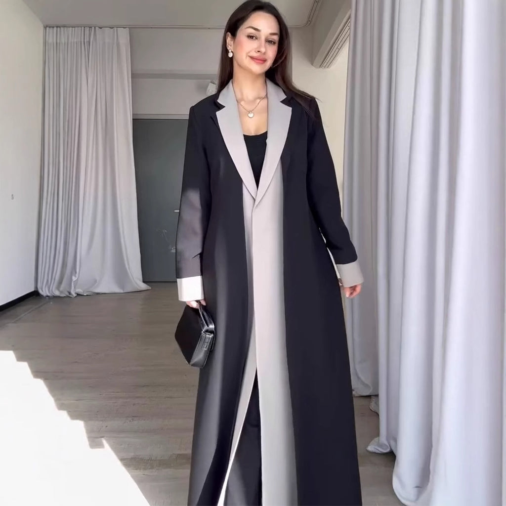 Long Collar Stitching Contrast Color Trench Coat Office Coat