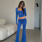 Women's Blue Ruched V-Neck Flare Pants Set