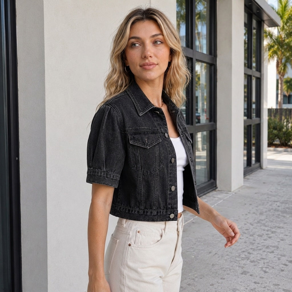 Women's Short-Sleeve Washed Denim Jacket