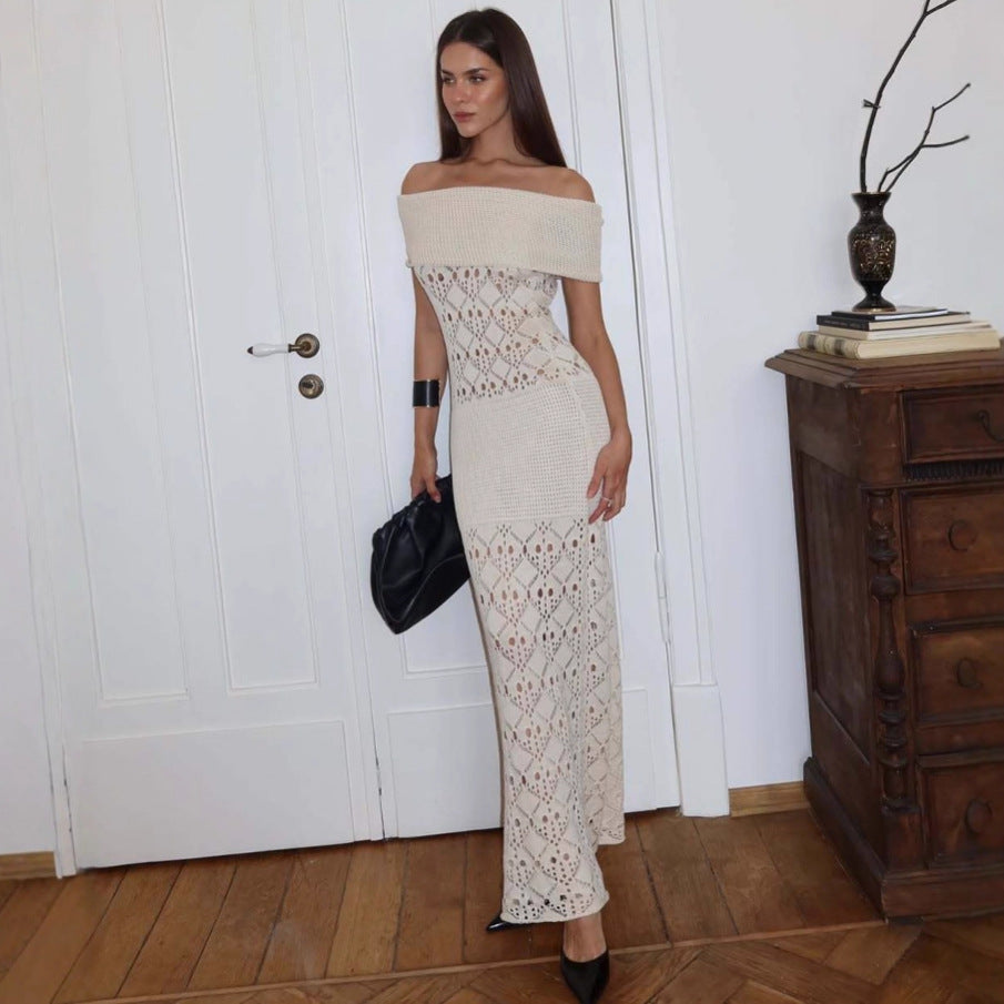 Off-Shoulder Short-Sleeve Knit Bodycon Maxi Dress