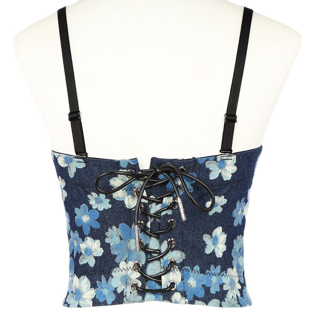 Backless Lace up Denim Printing Camisole Women Outer Wear Sexy Vest Short Top Slim Tube Top