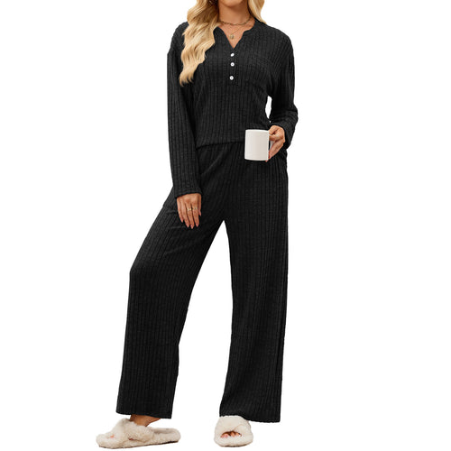 Black ribbed knit V-neck button lounge set with long sleeves, pockets, wide legs