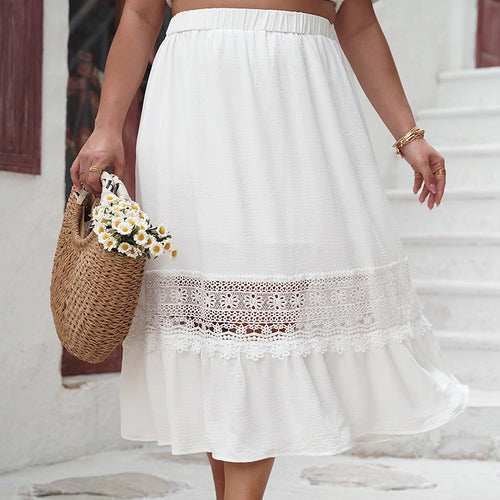 Casual Skirt Autumn Winter Elegant High Waist Hollow Out Cutout White Dress