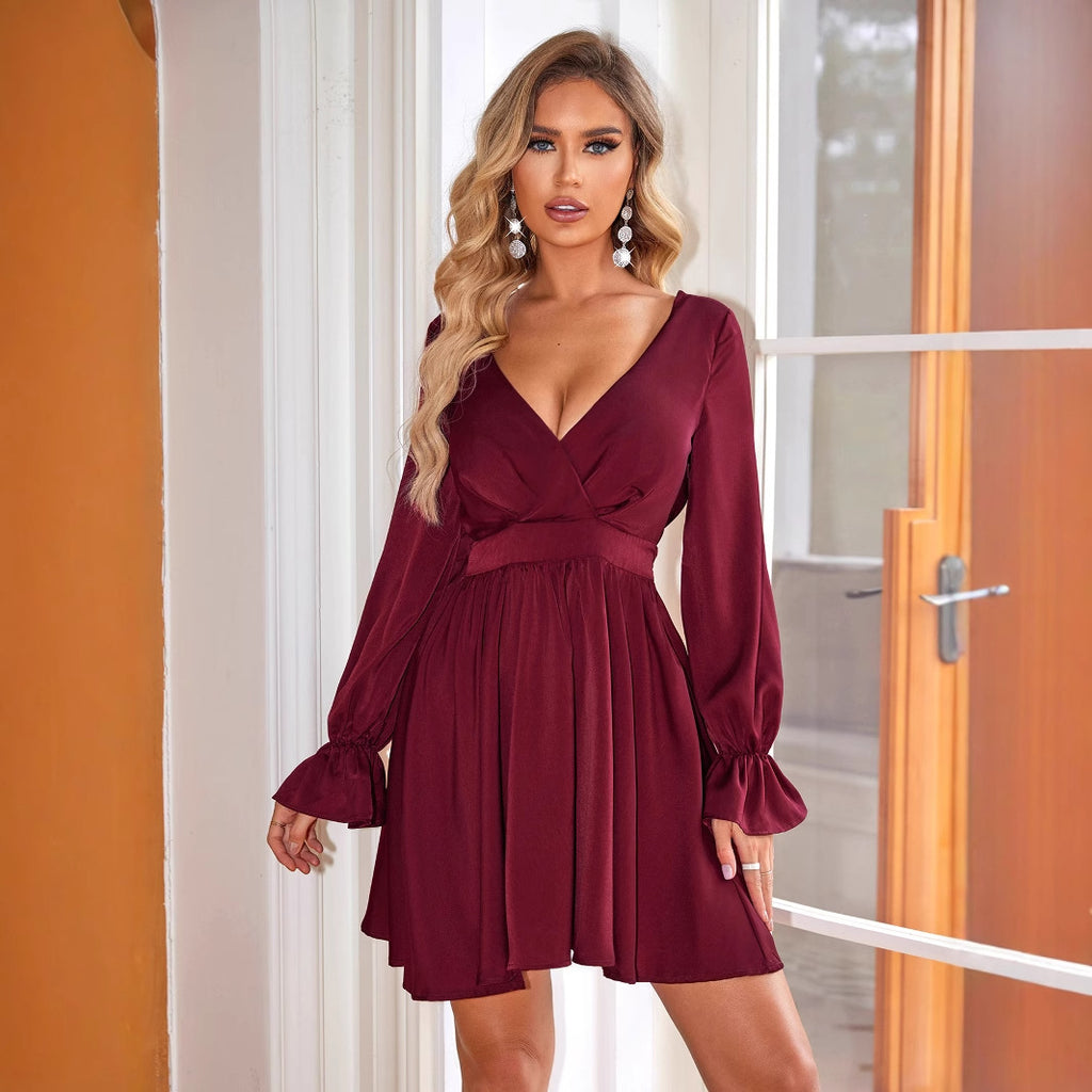Deep V Plunge neck Dress Wedding Guest Casual Pleated Long