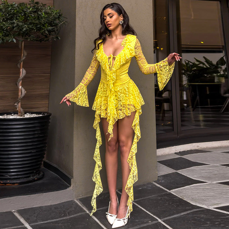 Women's Lace Ruffled V-Neck Long-Sleeve Mini Dress