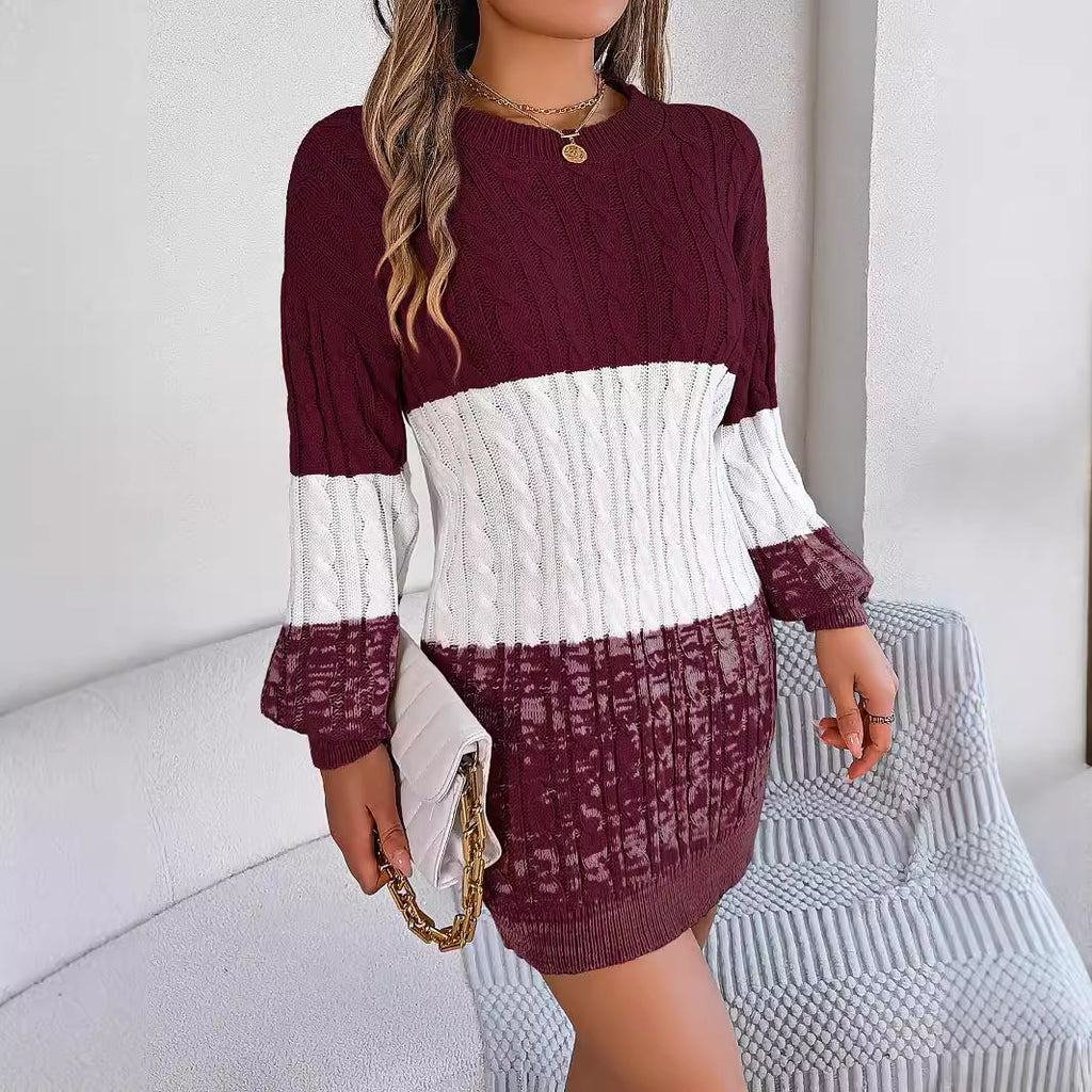Autumn Winter Casual Color Matching Twist Lantern Sleeve Woolen Dress