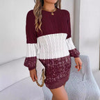 Autumn Winter Casual Color Matching Twist Lantern Sleeve Woolen Dress