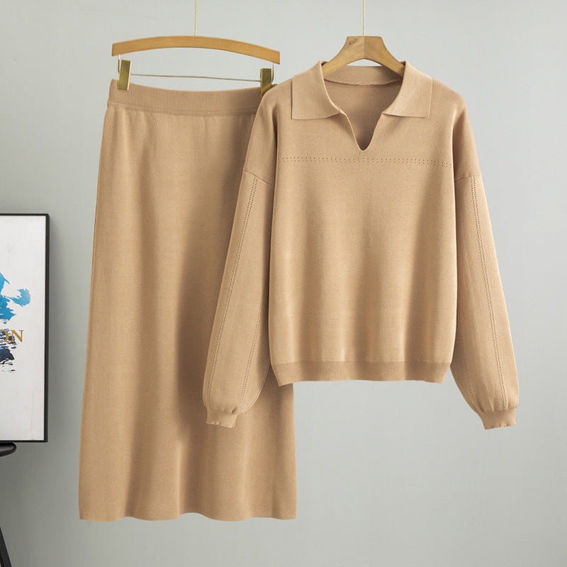 Women's Spring Knitted Polo Collar Simple Solid Color Loose Skirt Set