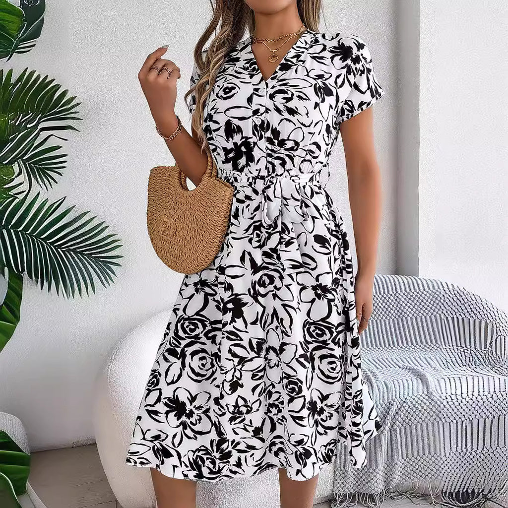 V-Neck Buttons Batwing Sleeve Floral Swing Dress