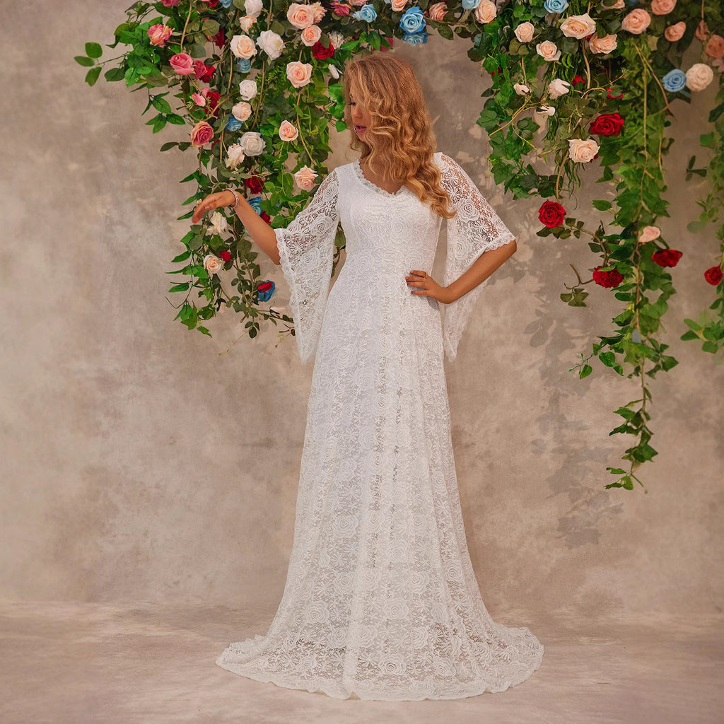 Women's V-Neck Lace Trumpet-Sleeve Maxi Dress