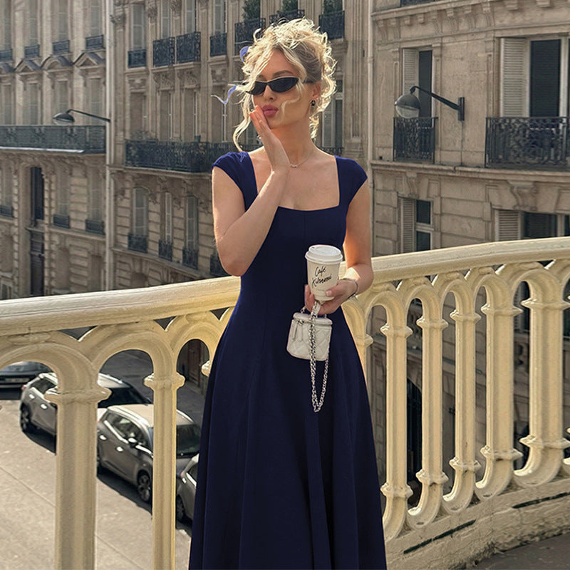 Women's French Solid Color Back Lace up Tight Dress Winter Zipper Shoulder Strap Dress