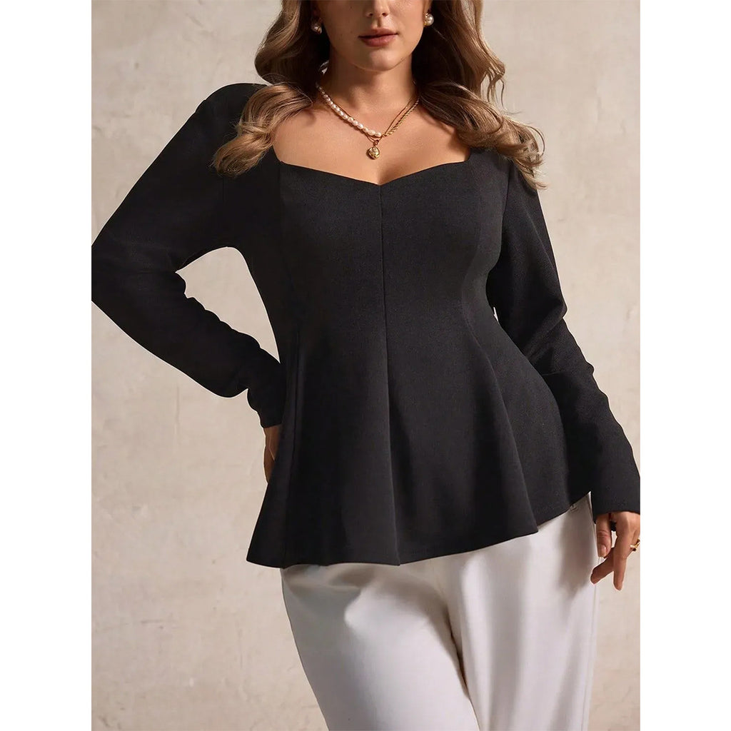 Plus Size Square Neck Cinched A line Swing Long Sleeve Top Lotus Leaf