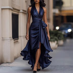 Women's Satin Deep V-Neck Ruffle Dress
