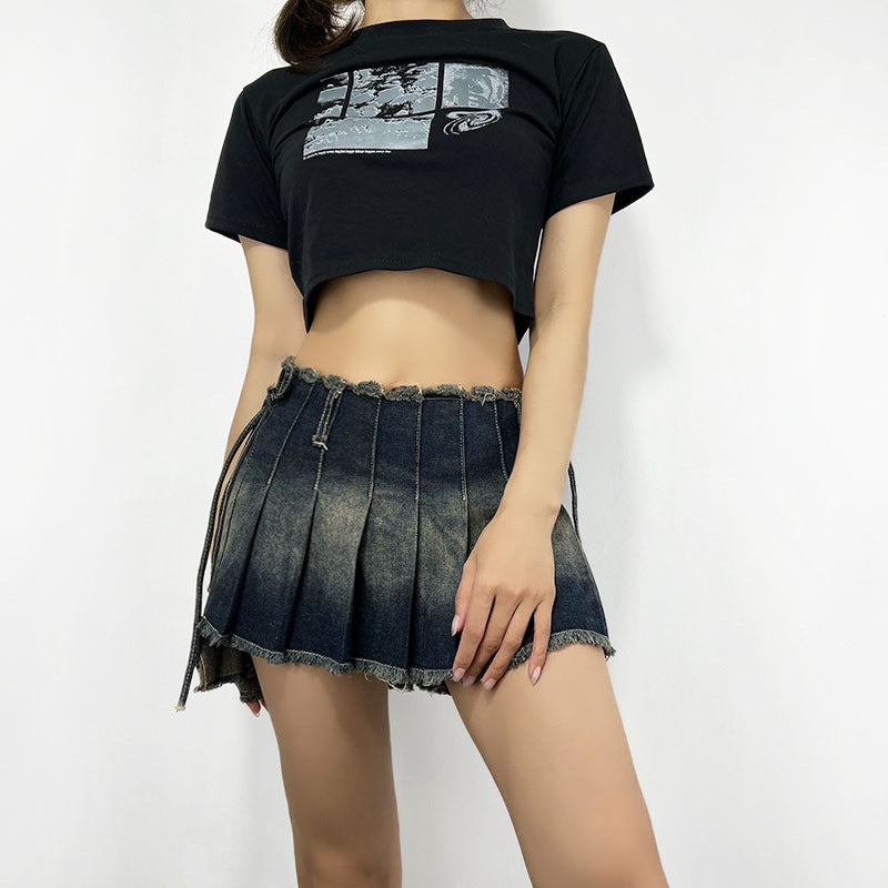 Women's Denim Summer Distressed Frayed Edge High Waist With Skirt