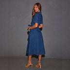 Retro V-Neck Lace-Up Denim Dress Maxi Fashionable French Elegant