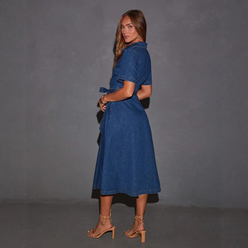 Retro V-Neck Lace-Up Denim Dress Maxi Fashionable French Elegant