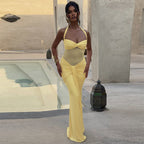 Women's Halter Mesh Ruched Tie Bodycon Maxi Dress