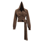 Women's Hooded Ruched Lace-Up Long Sleeve Top