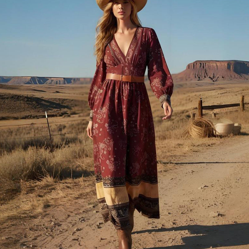 Bohemian Printed V-Neck Maxi Dress