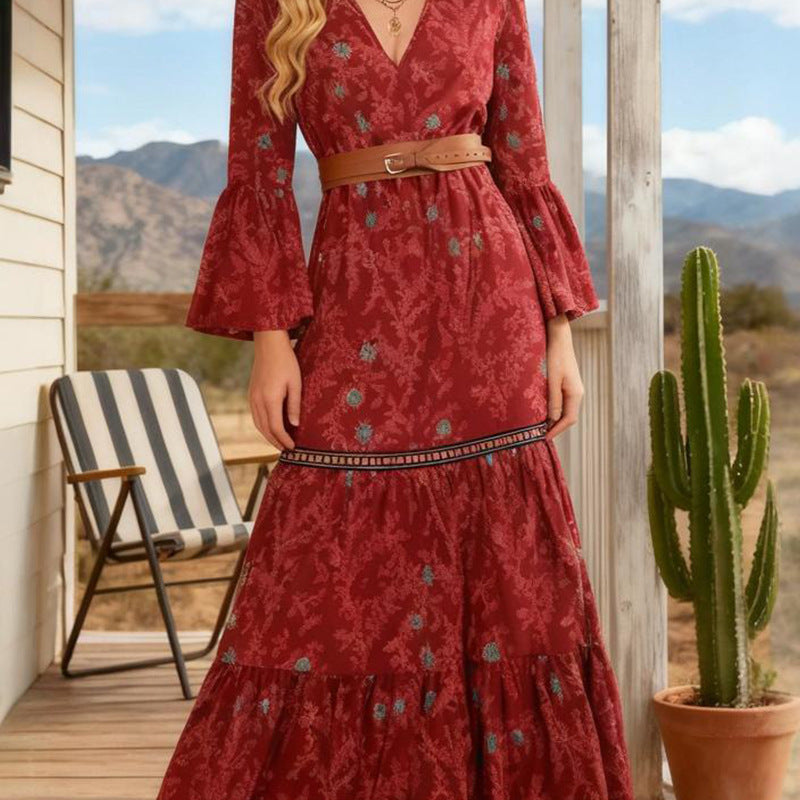 Vintage Floral On Red Background V Neck Flare Sleeve Bohemian Waist