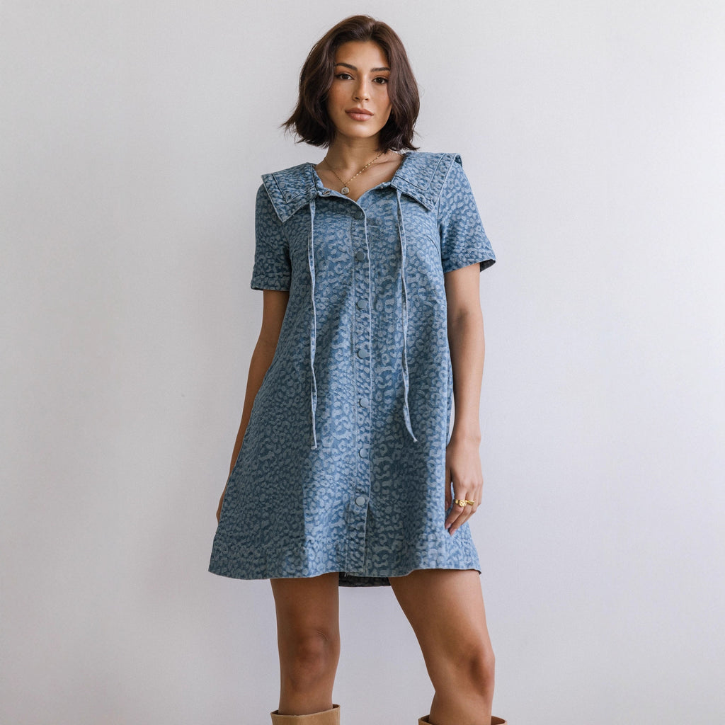 Casual Leopard Print Slim Fit Short Sleeved Denim Dress