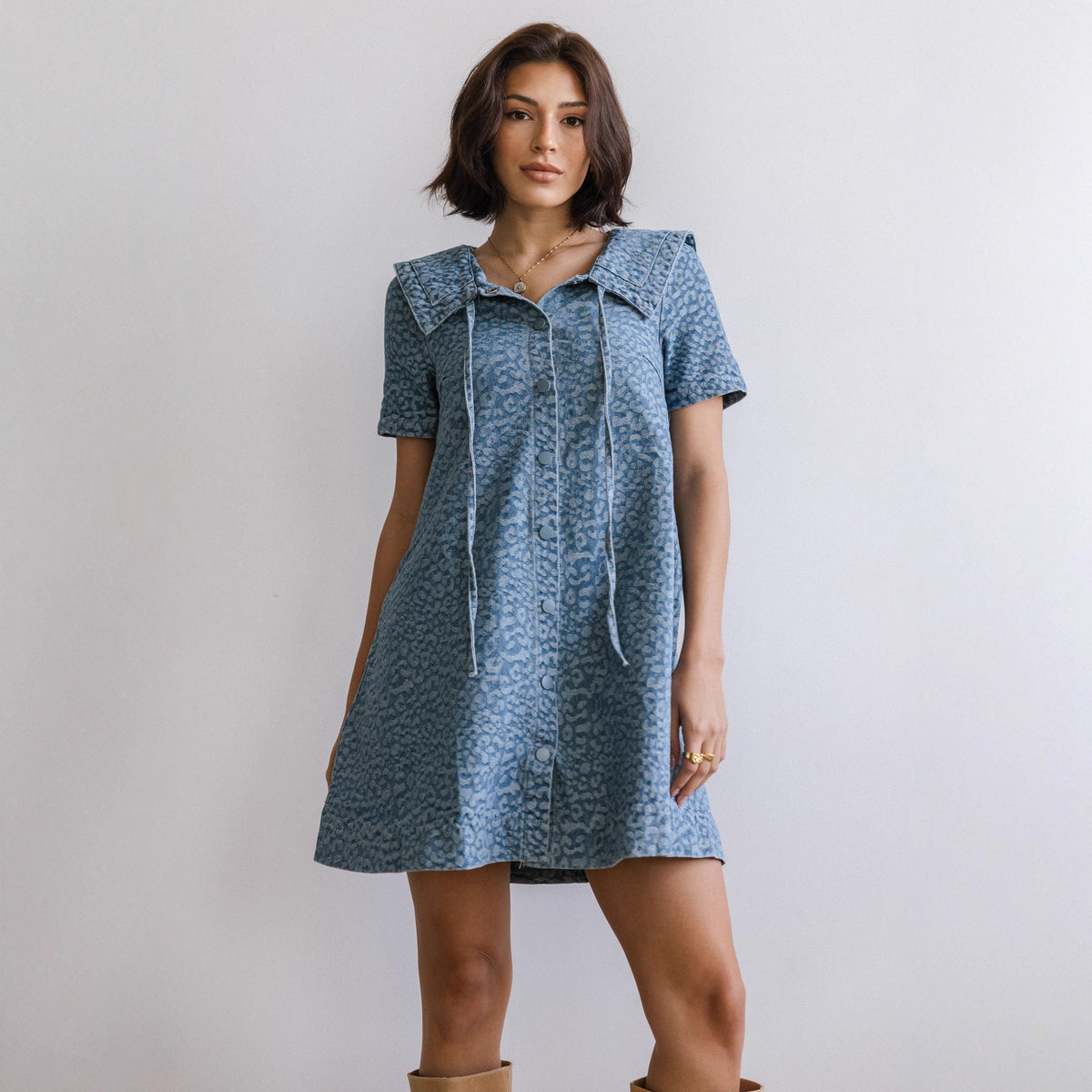 Casual Leopard Print Slim Fit Short Sleeved Denim Dress