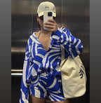 Women's Spring Summer Beach Casual Suit Loose Collared Long Sleeves Shirt Shorts Two-Piece Clothing