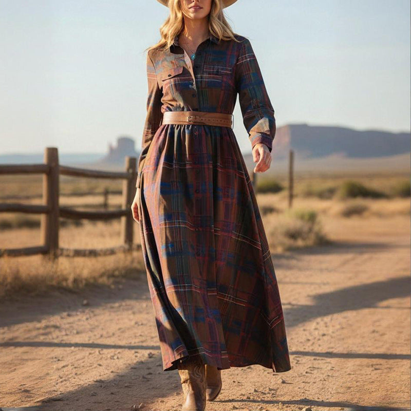 Women's Plaid Retro Lapels Long-Sleeve Mid Length Dress