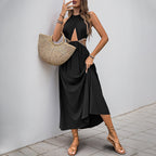 Women's Halter Ruched Patchwork Backless Cutout A-Line Maxi Dress