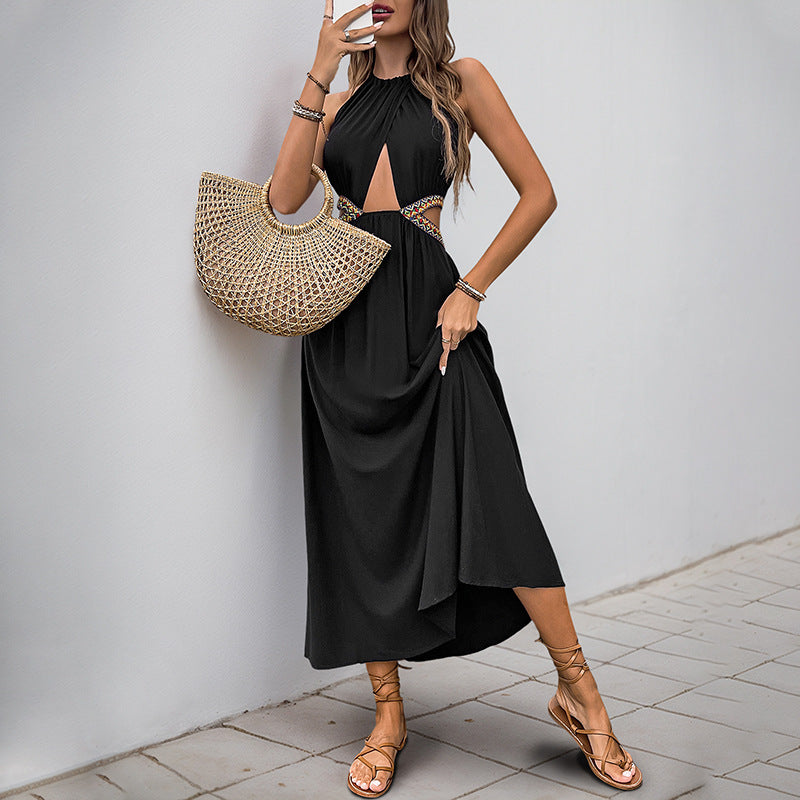 Women's Halter Ruched Patchwork Backless Cutout A-Line Maxi Dress
