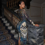 Buckle Low Collar Long Sleeves Back Slit Dress