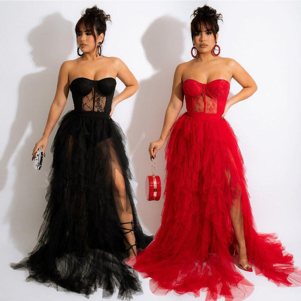 Women's Sexy See-Through Mesh Lace Chest-Wrapped Dress