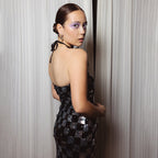 Women's Spring Maxi Dress Black White Plaid Sequin Stitching Halter Floral