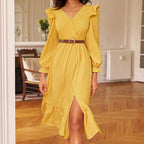 Women's V-Neck Long Sleeve Slit A-Line Midi Dress