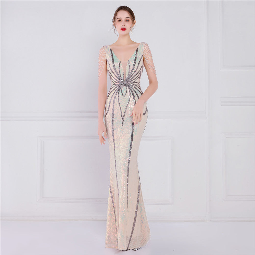Women's Floral Sequin Crafts Beaded Banquet Long Sleeve Sequin Aura Dress