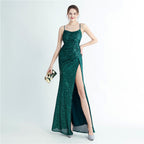 Women's Sequin Pleated Side Slit Strappy Long Evening Dress