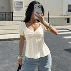 Solid Color V neck Jacquard Pleated Puff Sleeve Top