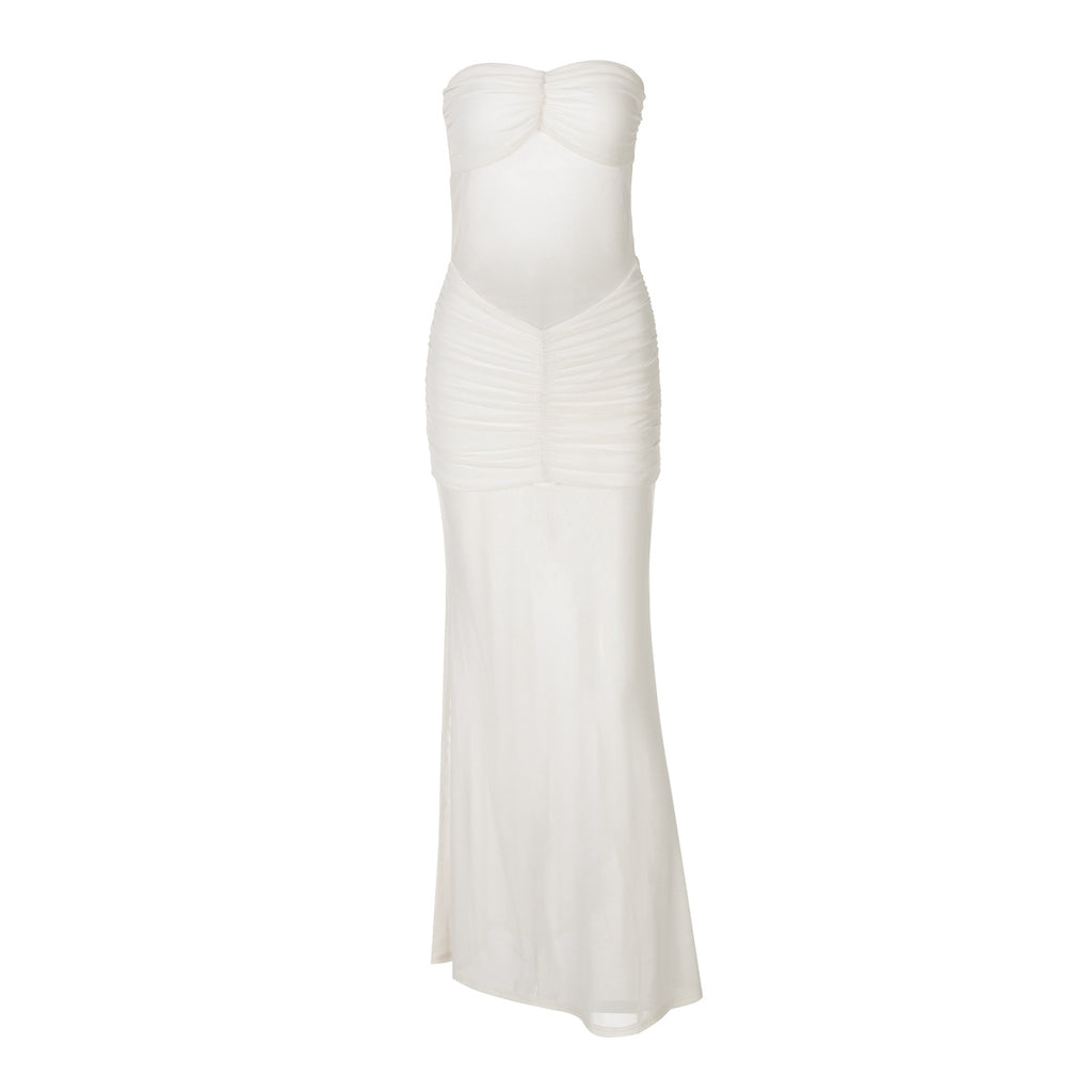 Mesh Stitching Dress Summer Off-Neck Strapless
